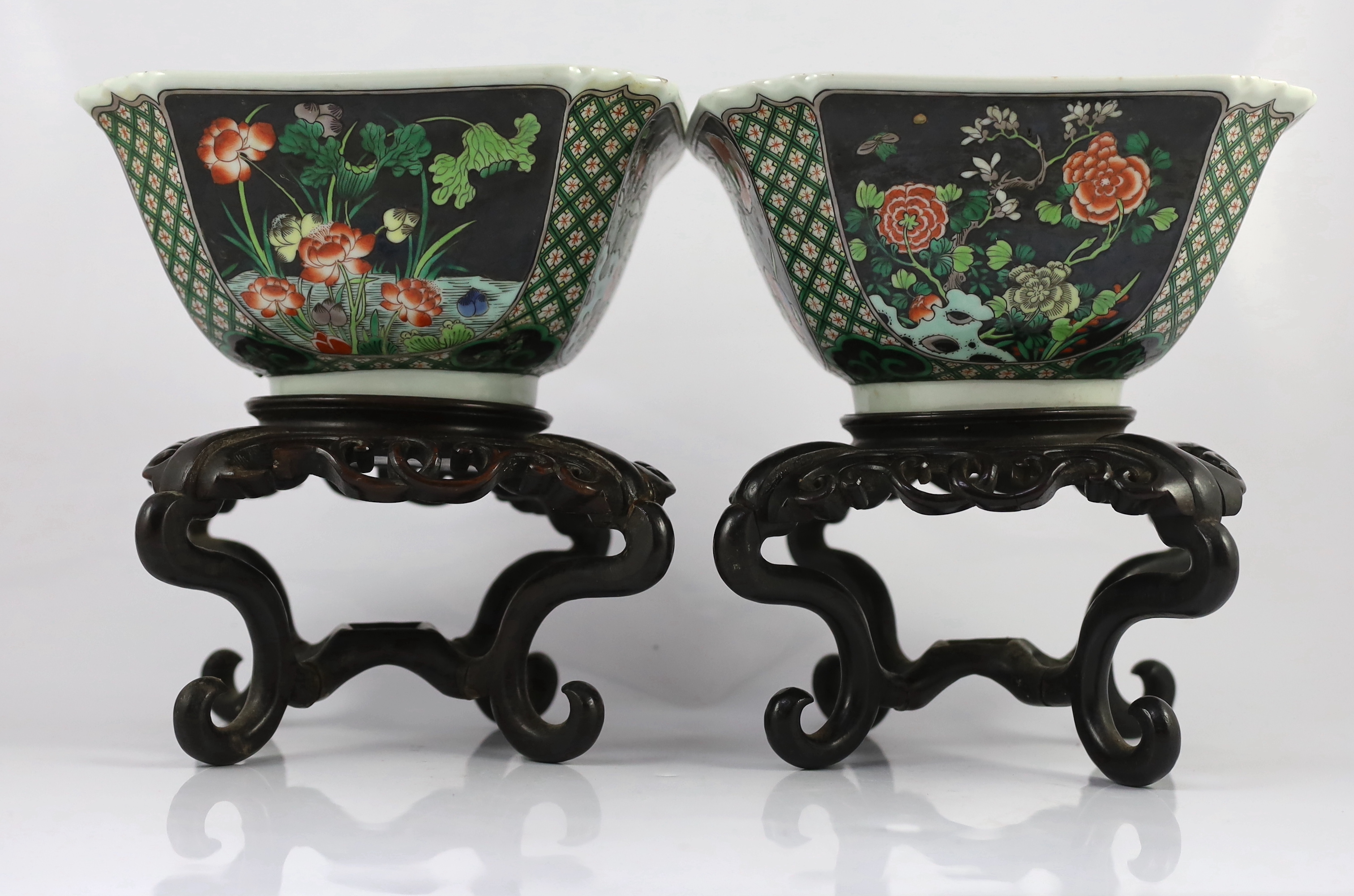 A pair of Chinese famille noire square bowls, late 19th century, one bowl broken and glued, both stands glued